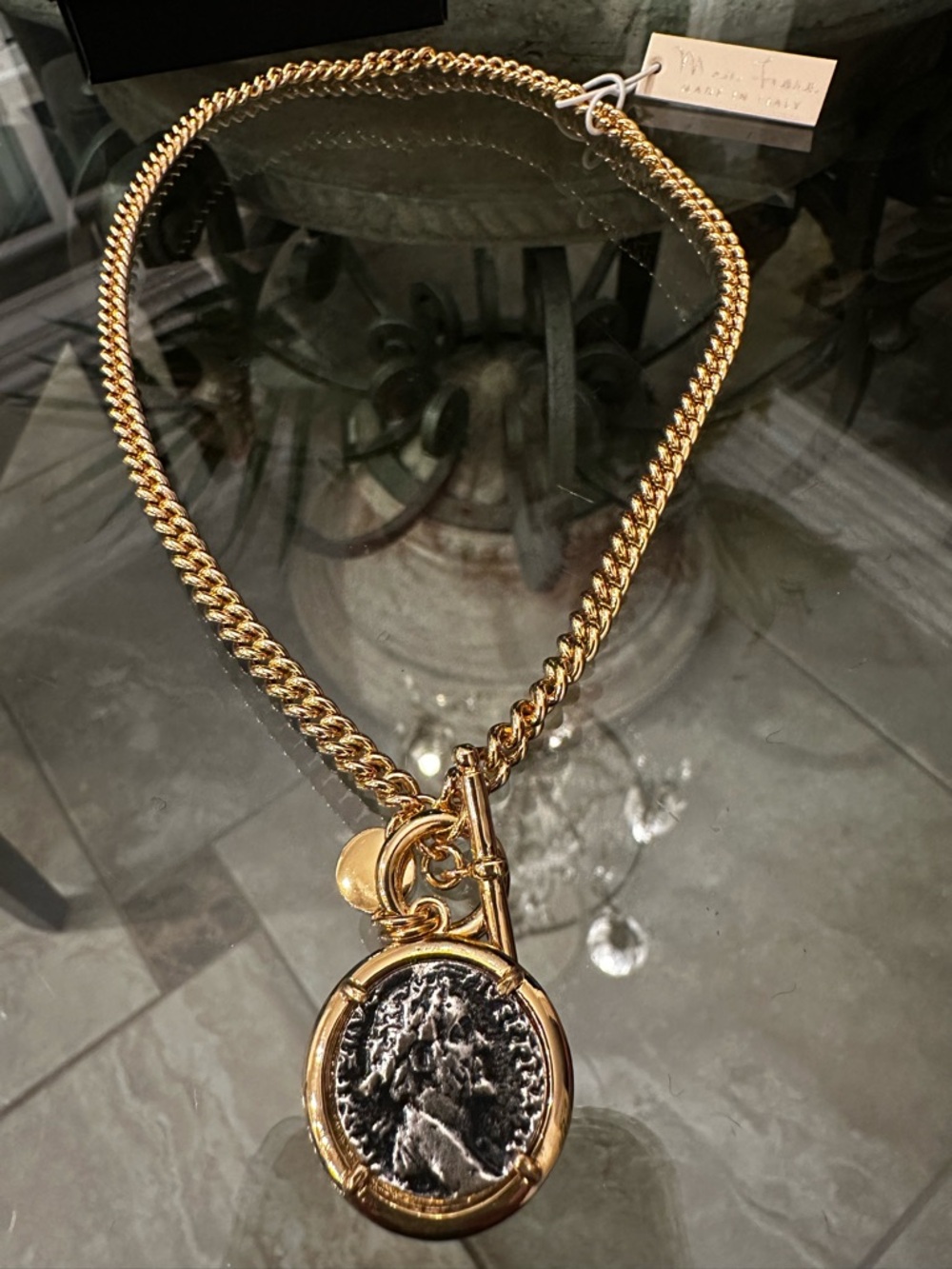 Mia Fiore Gold Chain Necklace Sterling Silver Plated Bronze Coin Pendant Italy - Picture 10 of 14